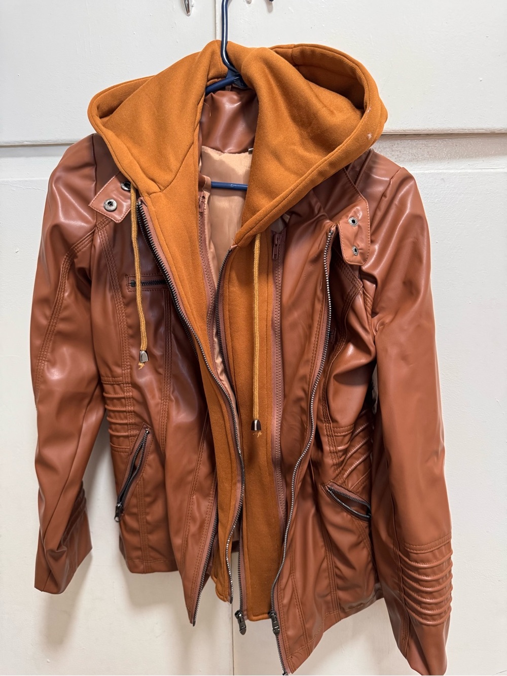 Women's Tan Faux Leather Hooded Jacket